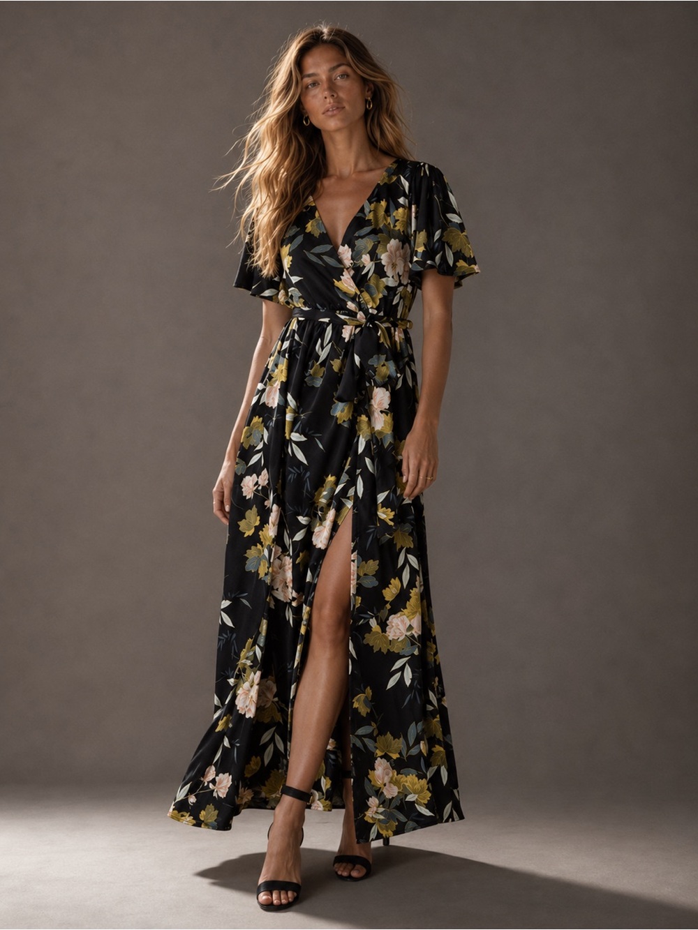 Baltic Born Black Floral Wrap Maxi Dress with Belt